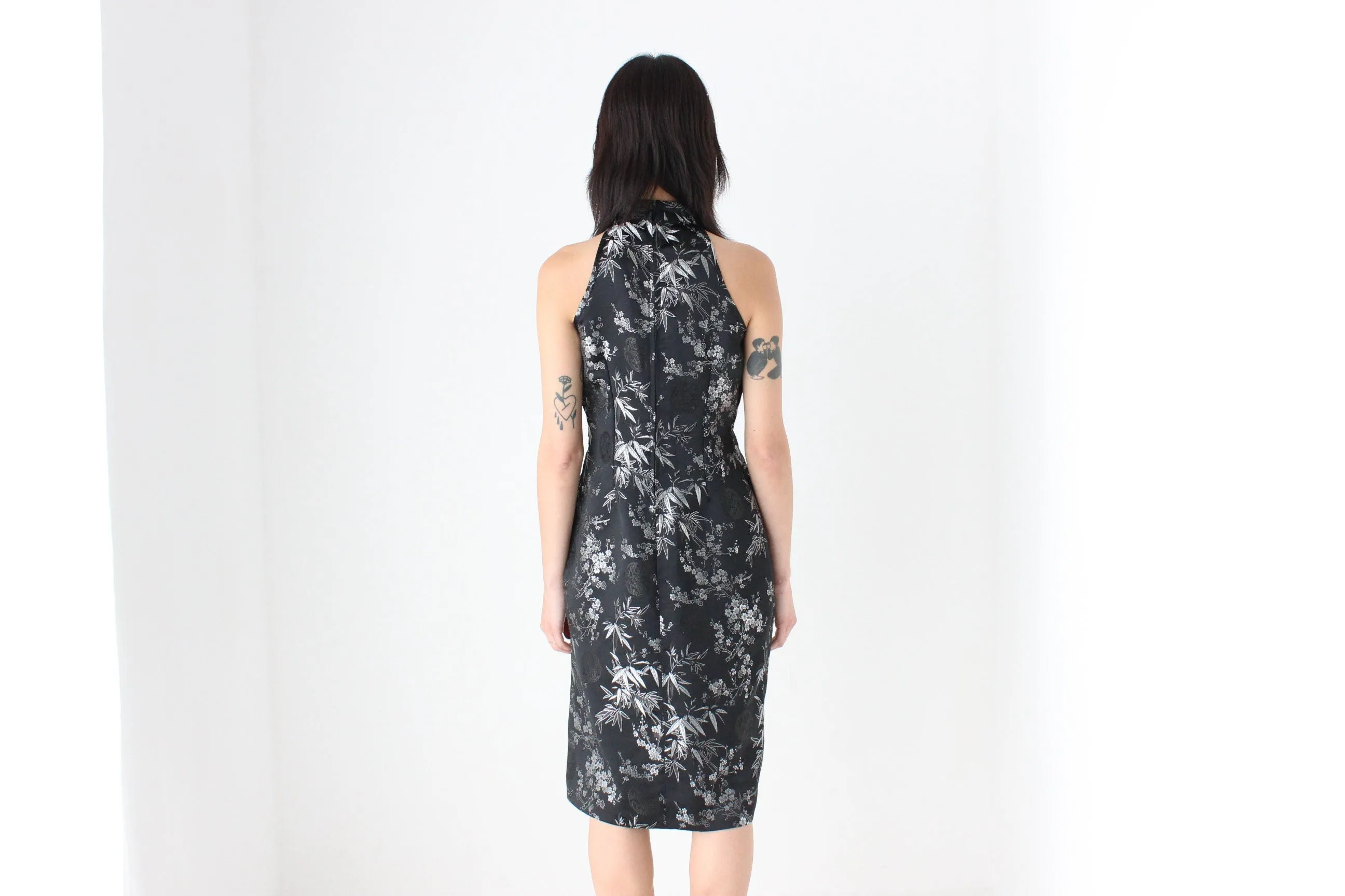 90s Chinese Satin Black   Silver Wiggle Fitted Dress