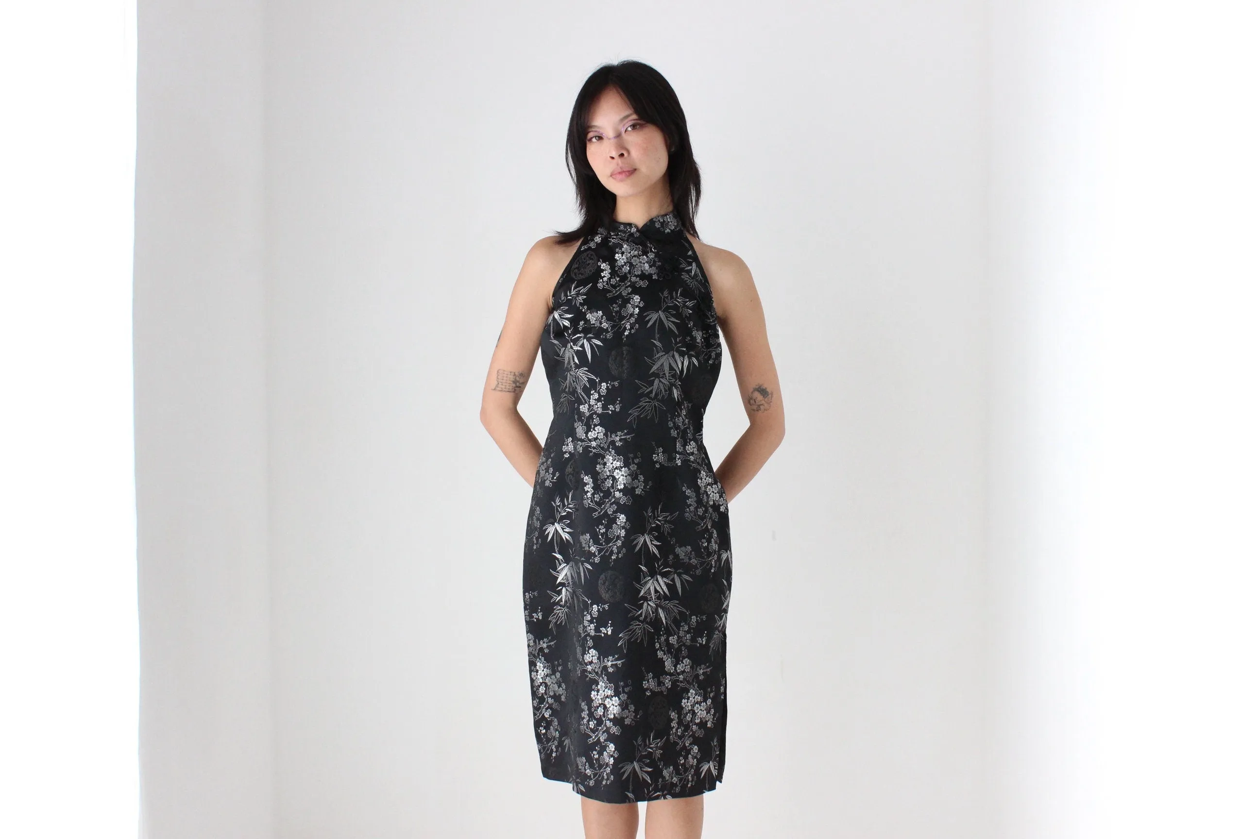 90s Chinese Satin Black   Silver Wiggle Fitted Dress