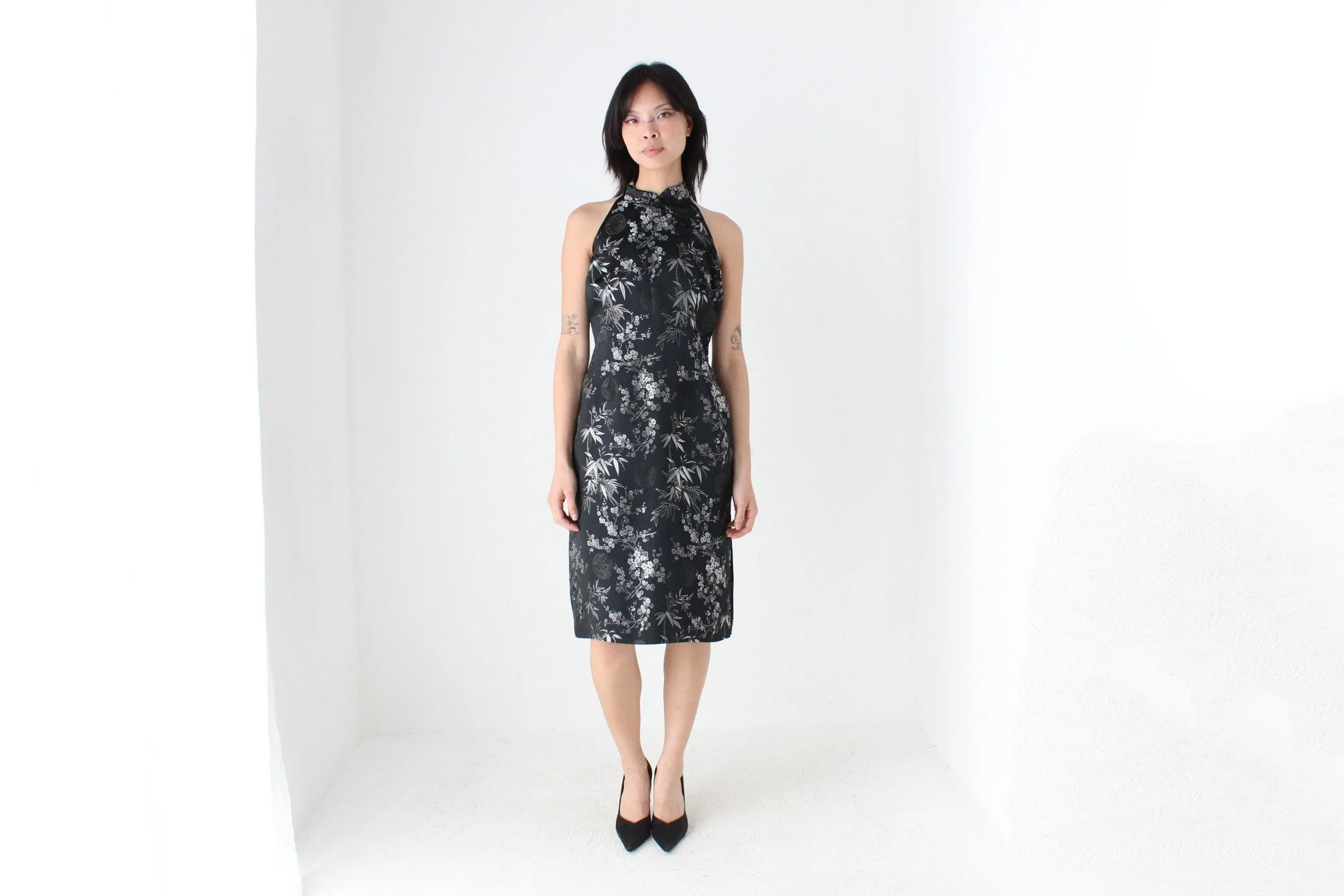 90s Chinese Satin Black   Silver Wiggle Fitted Dress