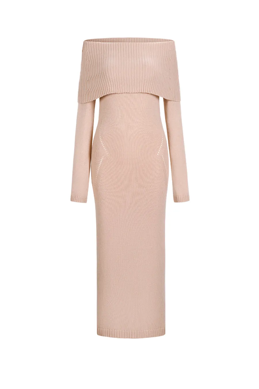 An off-the-shoulder wool knit dress