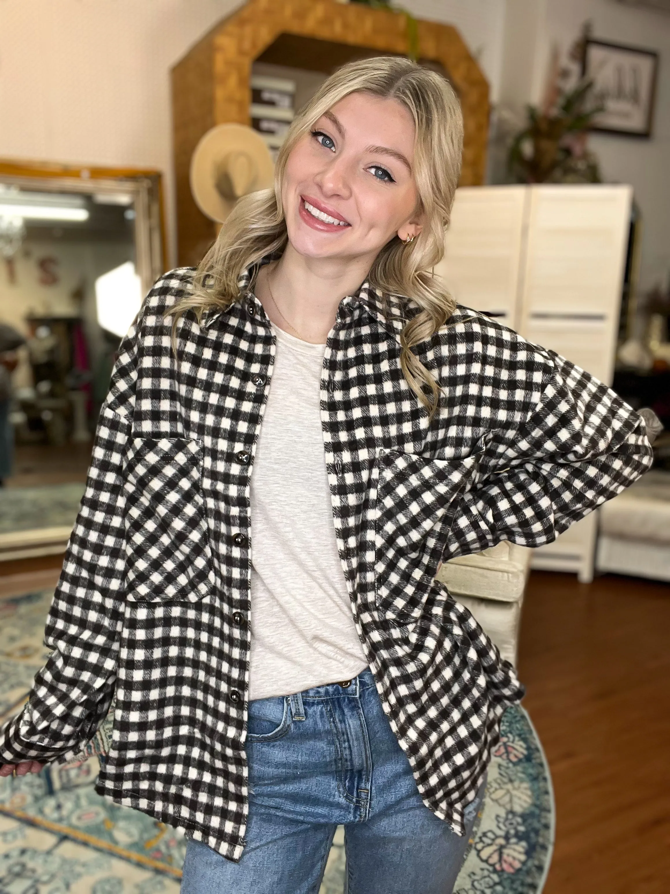 Brown and Cream Brushed Plaid Check Oversized Shacket