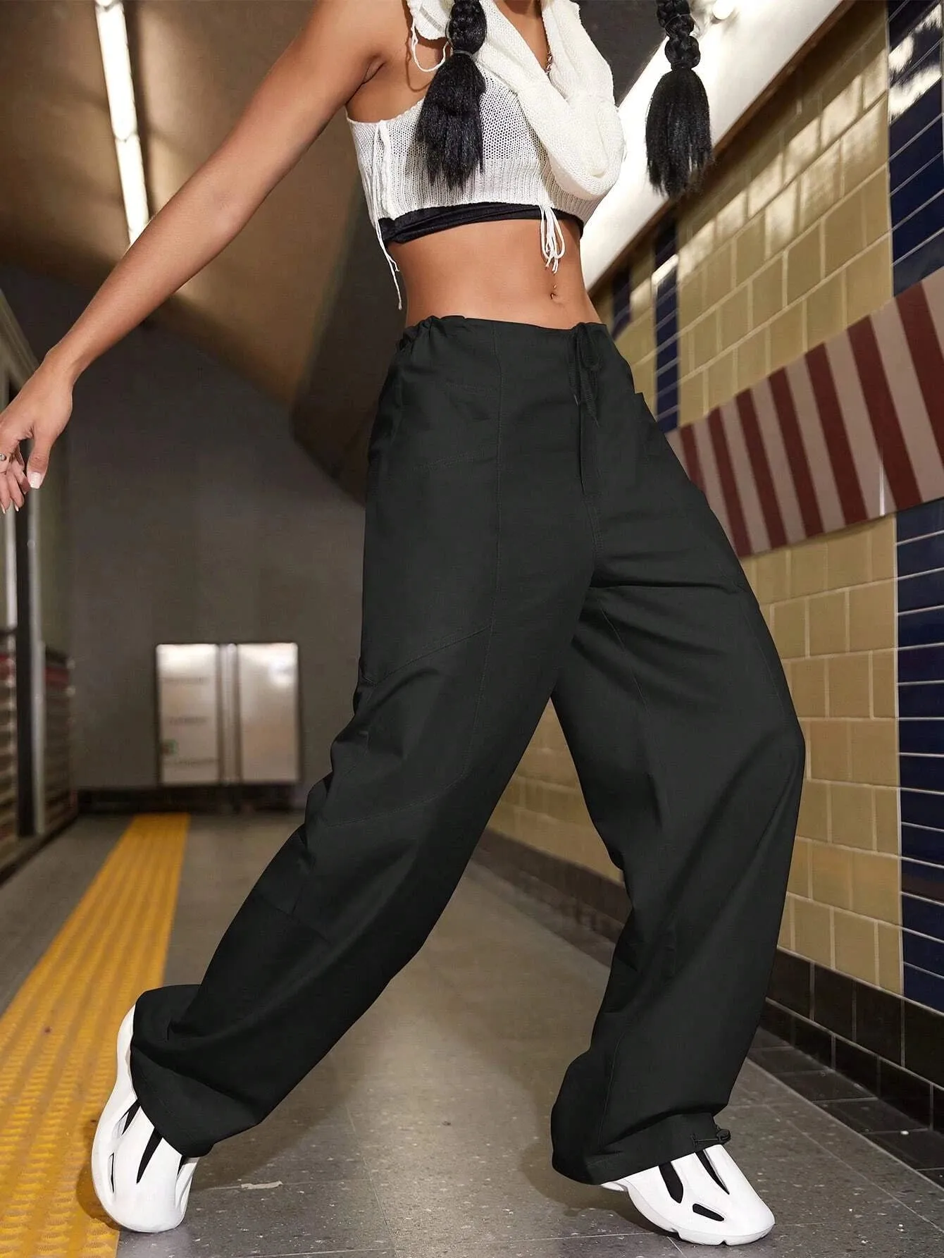 Drawstring Waist Slant Pocket Parachute Cargo Pants