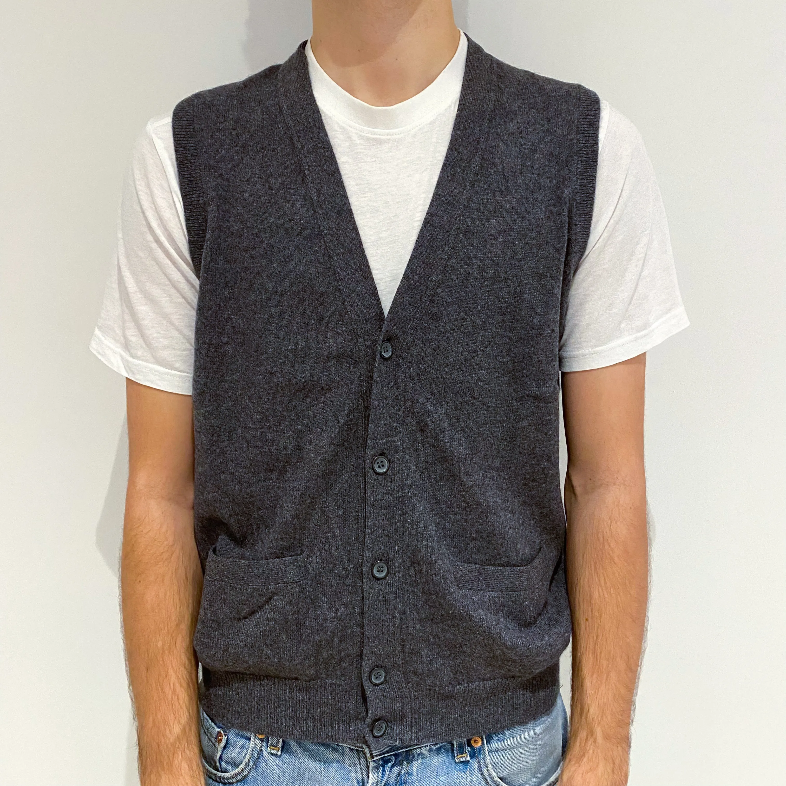 Men's Slate Grey Cashmere V-Neck Gilet with Pockets Large