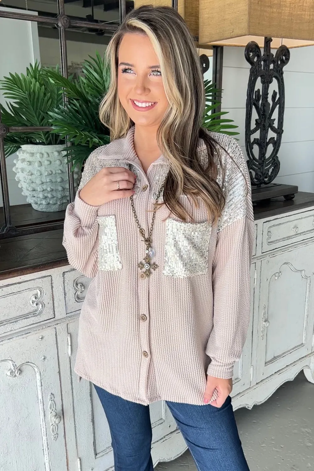 Parchment Sequin Patch Chest Pocket Corded Shacket