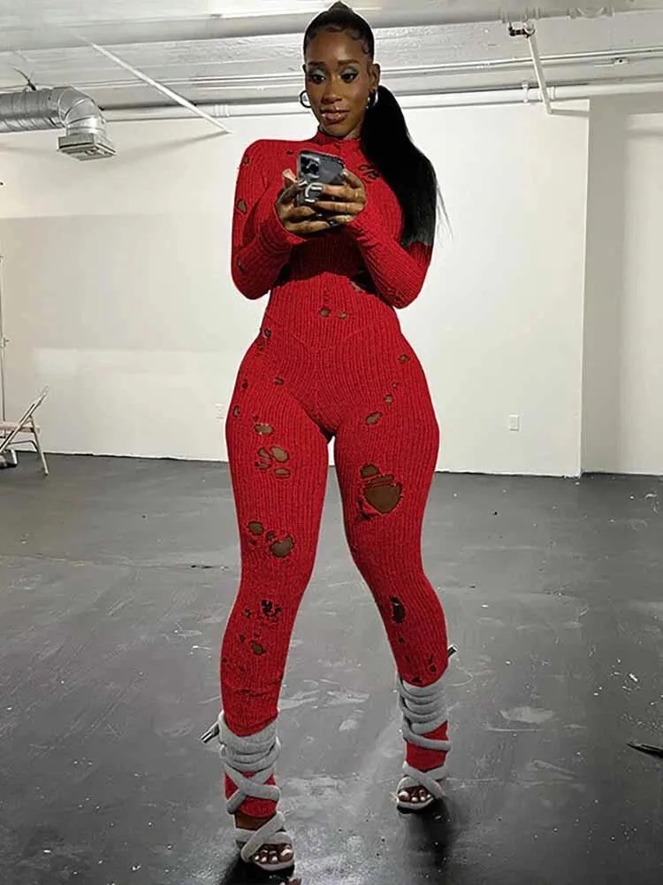"Stylish T-BOO Women's Knit Ripped Jumpsuit: Elastic, Sexy, Hipster Long Sleeve Streetwear for Active Workouts"