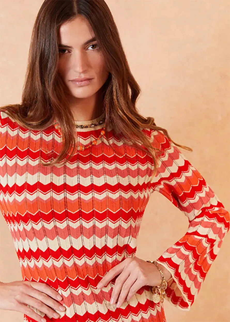 RIXO Miller Dress in Retro Chevron Red