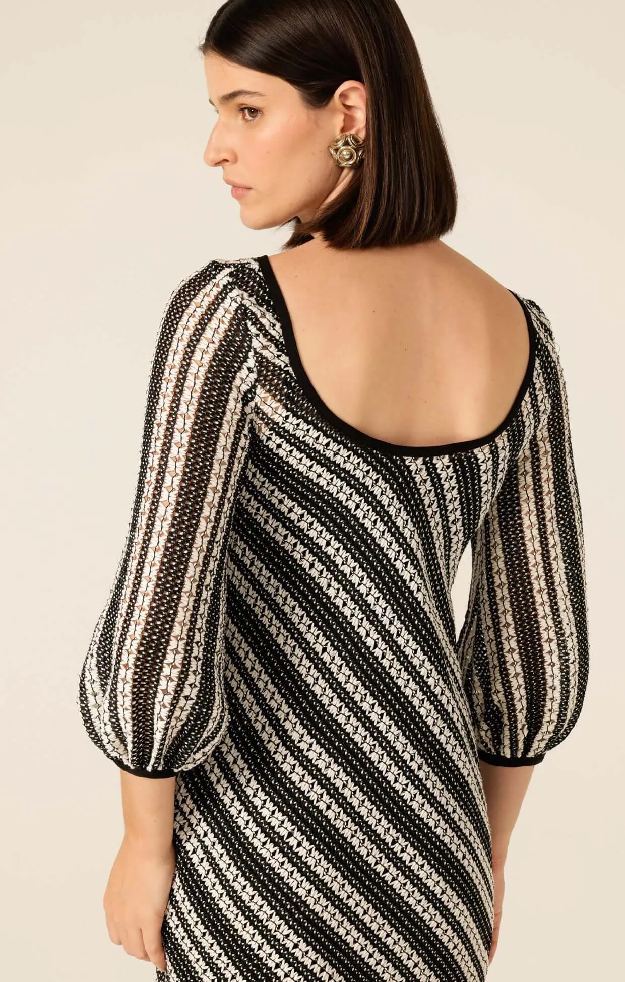 Sacha Drake Lattice Bridge Dress in Black Cream Stripe Knit
