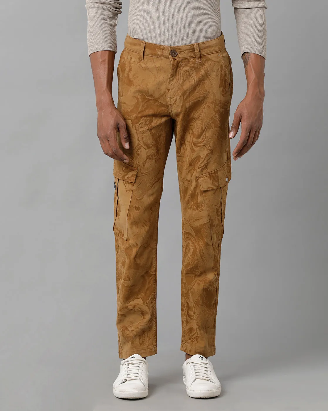 Voi Jeans Mens Khaki Printed Mid-Rise Cotton Jeans